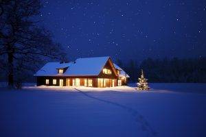 nature, Cabin, Winter, Snow, Night