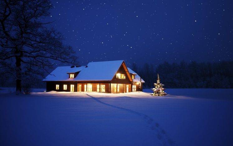 nature, Cabin, Winter, Snow, Night HD Wallpaper Desktop Background