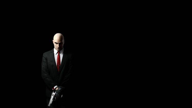 men, Hitman, Video Games, Gun, Weapon, Suits, Black, Black Background, Simple Background HD Wallpaper Desktop Background