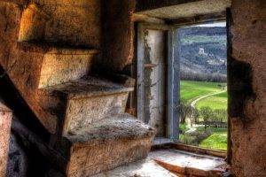 architecture, Abandoned, Interior, Room, HDR, Stairs, Window, Landscape, Nature, Dirt Road, Trees, Tower, Walls, Hills