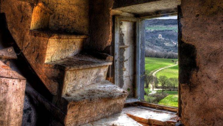 architecture, Abandoned, Interior, Room, HDR, Stairs, Window, Landscape, Nature, Dirt Road, Trees, Tower, Walls, Hills HD Wallpaper Desktop Background