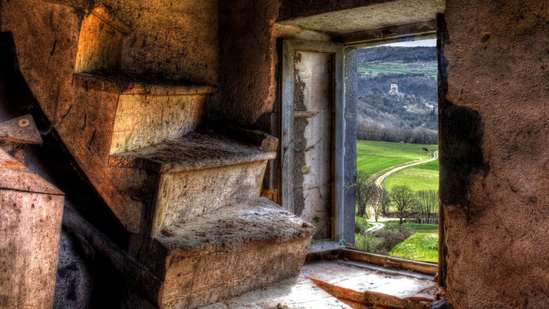 architecture, Abandoned, Interior, Room, HDR, Stairs, Window, Landscape, Nature, Dirt Road, Trees, Tower, Walls, Hills Wallpaper