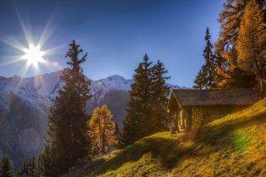 nature, Landscape, Cabin, Mountains, Sunlight, Forest, Grass, Snowy Peak, Fall, Switzerland