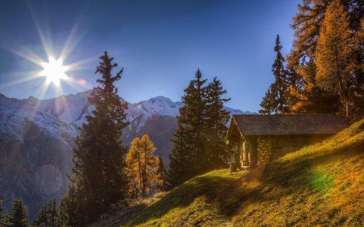 nature, Landscape, Cabin, Mountains, Sunlight, Forest, Grass, Snowy Peak, Fall, Switzerland HD Wallpaper Desktop Background