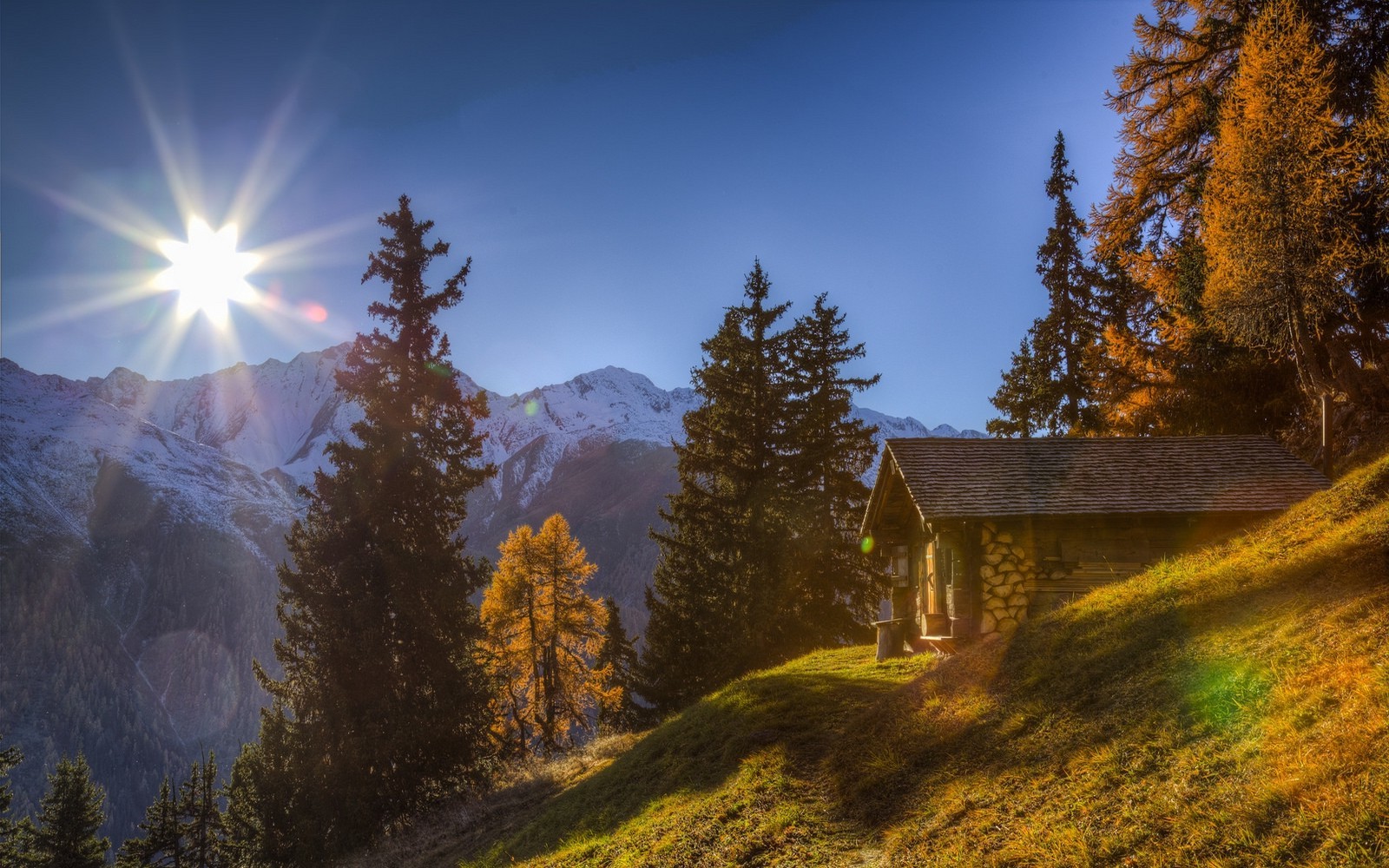 nature, Landscape, Cabin, Mountains, Sunlight, Forest, Grass, Snowy Peak, Fall, Switzerland Wallpaper