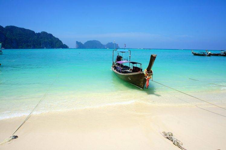 nature, Landscape, Beach, Boat, Sea, Tropical, Sand, Island, Turquoise, Water, Thailand HD Wallpaper Desktop Background
