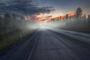 nature, Landscape, Photography, Morning, Sunlight, Road, Mist, Trees, Sky, Clouds, Fence, Grass, Shrubs, Finland