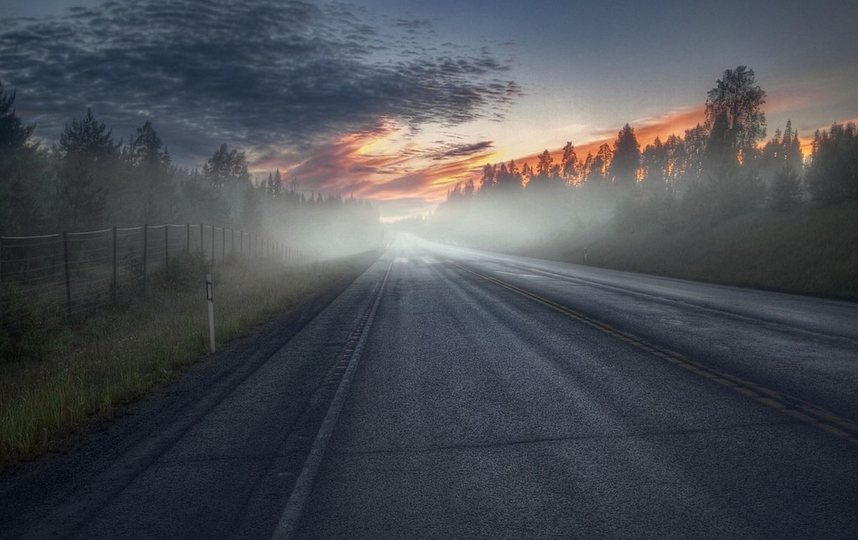 nature, Landscape, Photography, Morning, Sunlight, Road, Mist, Trees, Sky, Clouds, Fence, Grass, Shrubs, Finland Wallpaper