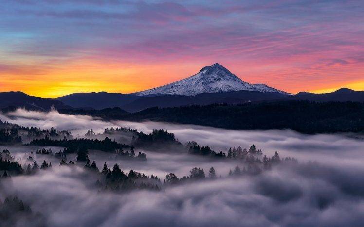 nature, Landscape, Photography, Mountains, Forest, Morning, Sunlight, Mist, Snowy Peak, Sky, Oregon HD Wallpaper Desktop Background