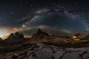 nature, Landscape, Photography, Panoramas, Milky Way, Dolomites (mountains), Starry Night, Summer, Galaxy, Building, Cabin, Lights, Long Exposure, Italy