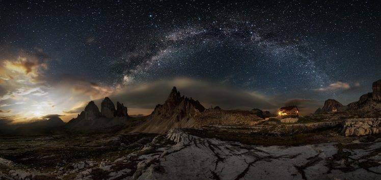 nature, Landscape, Photography, Panoramas, Milky Way, Dolomites (mountains), Starry Night, Summer, Galaxy, Building, Cabin, Lights, Long Exposure, Italy HD Wallpaper Desktop Background