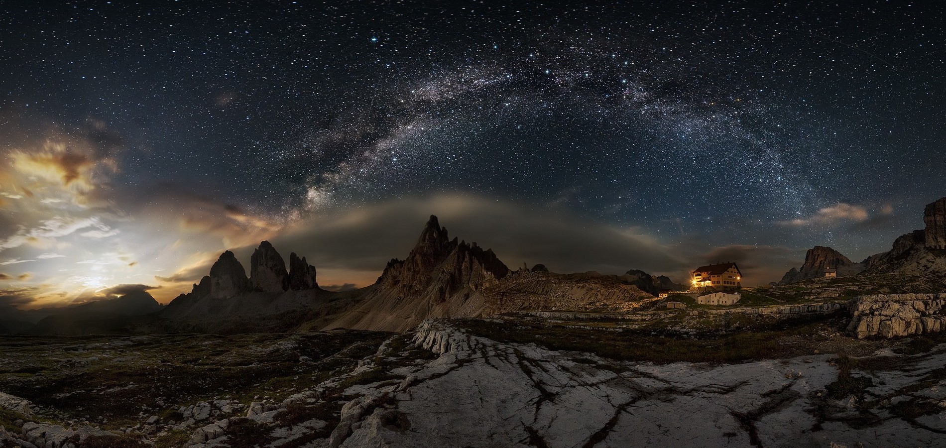 nature, Landscape, Photography, Panoramas, Milky Way, Dolomites (mountains), Starry Night, Summer, Galaxy, Building, Cabin, Lights, Long Exposure, Italy Wallpaper