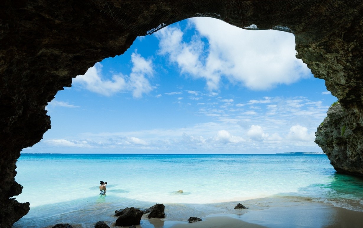 women, Baby, Nature, Landscape, Photography, Sea, Beach, Cave, Rocks, Sand, Clouds, Island, Summer, Japan Wallpaper