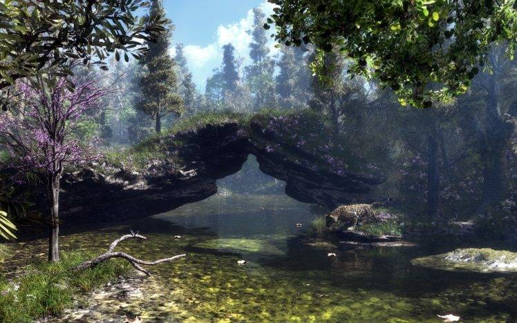nature, Landscape, Trees, River, Rocks, Leopard, Animation HD Wallpaper Desktop Background