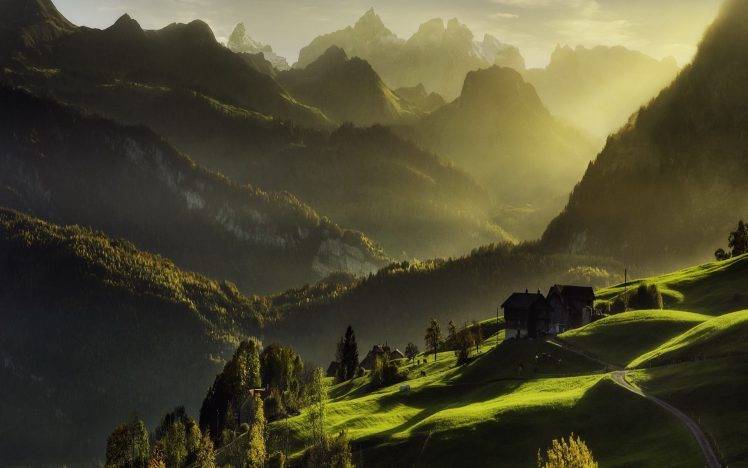 mountains, Hills, Sun Rays, Nature, Landscape, Photography, House, Alone HD Wallpaper Desktop Background