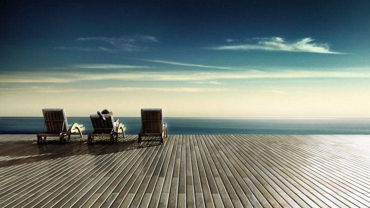 deck Chairs, Aerial View, Stairs, Clouds, Sky, Alone, Landscape HD Wallpaper Desktop Background