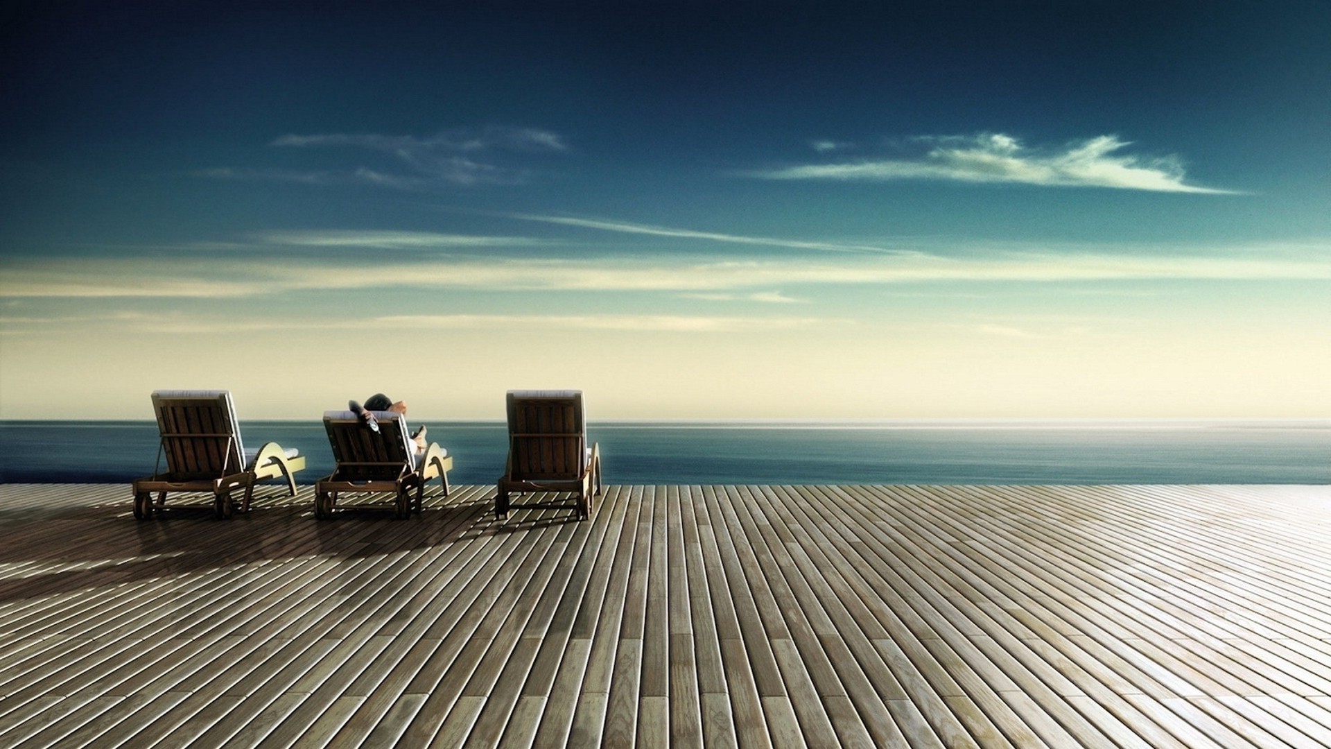 deck Chairs, Aerial View, Stairs, Clouds, Sky, Alone, Landscape Wallpaper