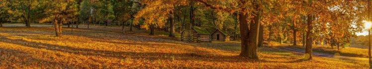 seasons, Fall, Grass, Trees, Yellow, Hut, Sun, Nature, Panorama, Park, Landscape, Pennsylvania, Valley Forge HD Wallpaper Desktop Background