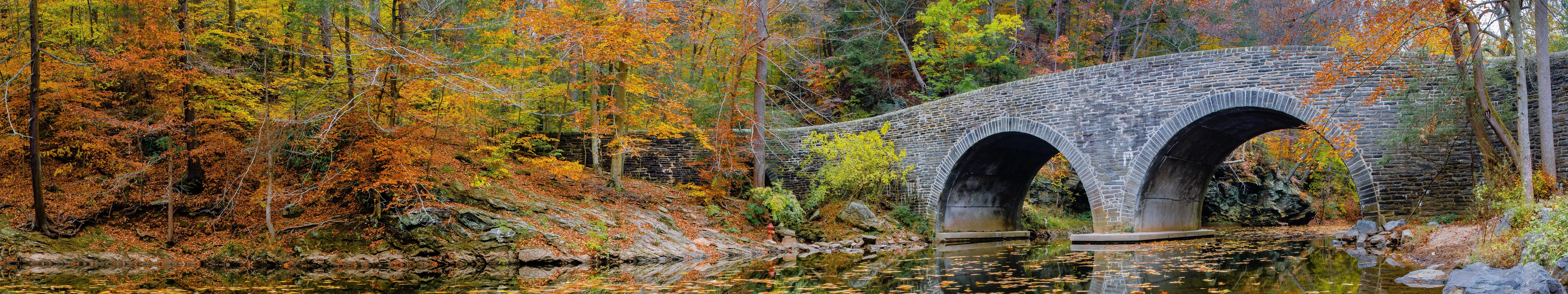 bridge, Nature, Water, Landscape, Leaves, Trees, Fall, Seasons, Panorama, Pennsylvania, Philadelphia, Stream Wallpaper