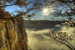 nature, Landscape, Photography, Cliff, Mist, Sunlight, Trees, Fall, Switzerland