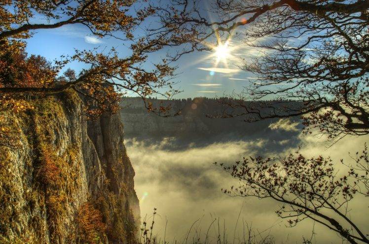 nature, Landscape, Photography, Cliff, Mist, Sunlight, Trees, Fall, Switzerland HD Wallpaper Desktop Background