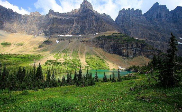 nature, Landscape, Photography, Mountains, Lake, Forest, Grass, Pine Trees, Summer, Glacier National Park, Montana HD Wallpaper Desktop Background