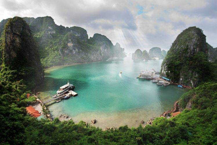 nature, Photography, Landscape, Beach, Tropical, Forest, Clouds, Sea, Ship, Boat, Sun Rays, Rocks, Island, Ha Long Bay, Vietnam HD Wallpaper Desktop Background