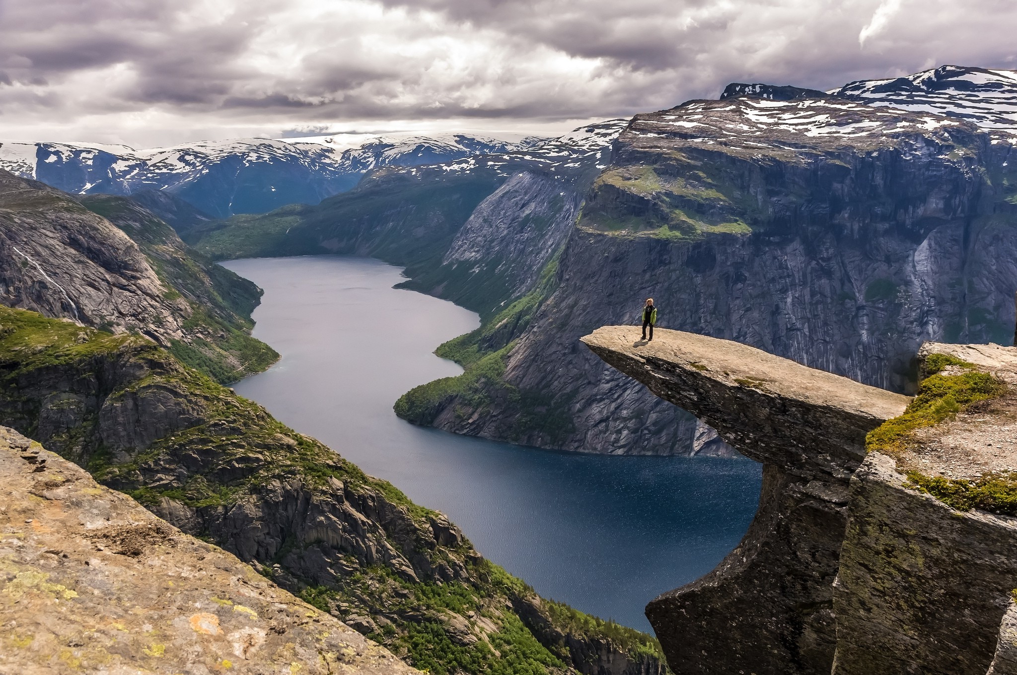 women, Nature, Photography, Landscape, Fjord, Canyon, Rocks, Snow, Clouds, Cliff, Hiking, Stone, Norway Wallpaper