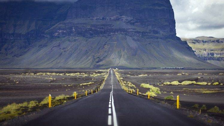 road, Alone, Mountains, Photography, Landscape, Yellow, Iceland HD Wallpaper Desktop Background