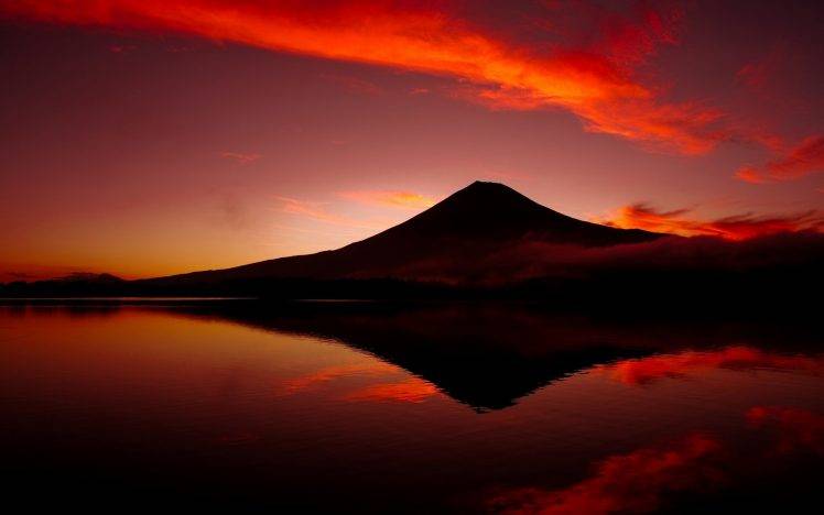 Mount Fuji, Volcano, Japan, Mountains, Lake, Reflections, Landscape, Photography, Clouds, Sky, Red HD Wallpaper Desktop Background