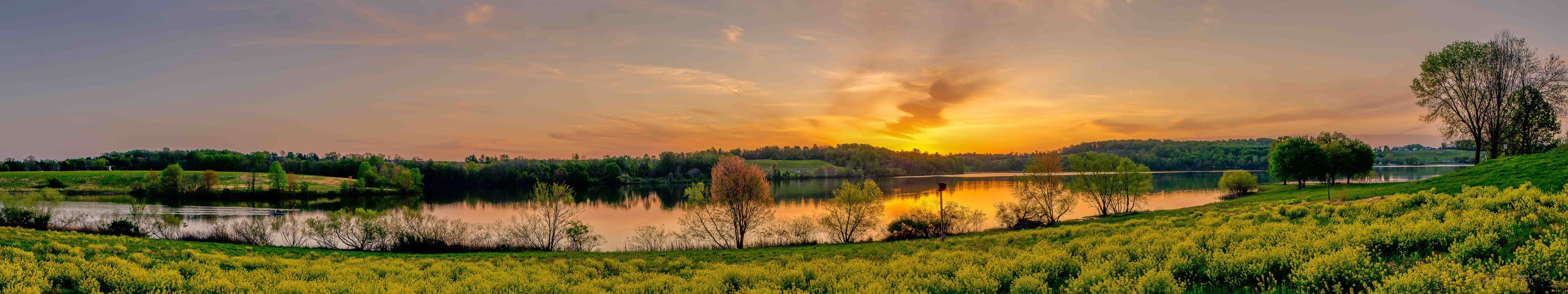 sunset, Lake, Panorama, Grass, Green, Landscape, Trees, Sun, Sky, Pennsylvania, Nature, Marsh Creek State Park Wallpaper