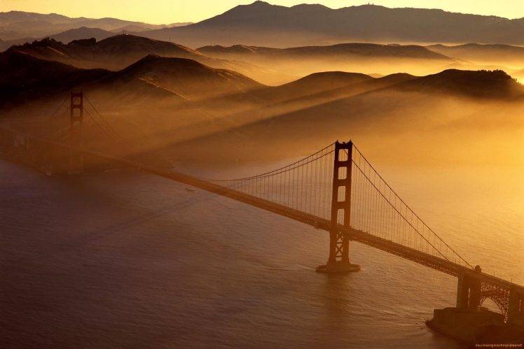 bridge, Mist, Mountains, Hills, Sunset, Landscape, Photography, River, Golden Gate Bridge HD Wallpaper Desktop Background