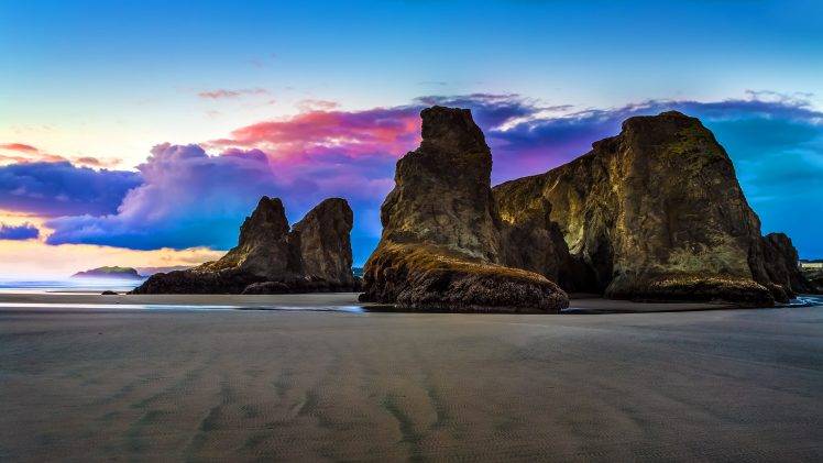 rocks, Mountains, Sky, Clouds, Sunlight, Sunset, Sand, Beach, Nature, Landscape HD Wallpaper Desktop Background