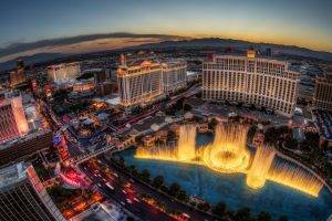Las Vegas, Building, Landscape, Fountain, Mountains, City, Cityscape, Photography