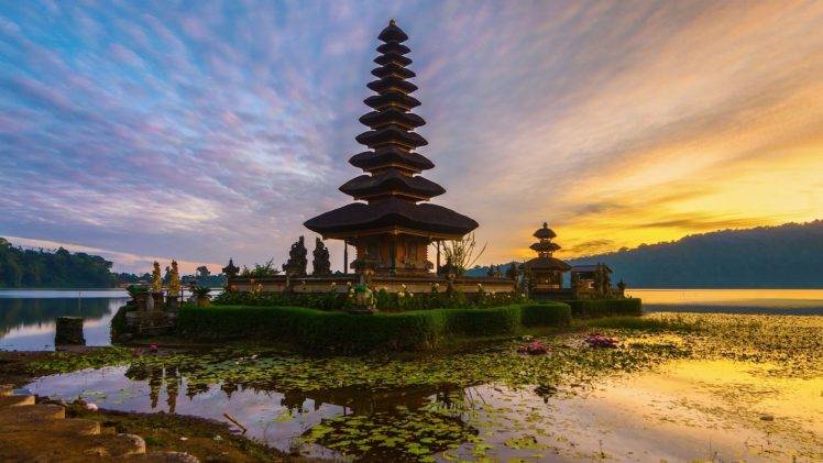 nature, Landscape, Architecture, Building, Asian Architecture, Temple, Bali, Indonesia, Island, Water, Lake, Plants, Sunset, Trees, Forest, Clouds, Reflection HD Wallpaper Desktop Background