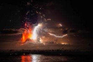 nature, Landscape, Photography, Calbuco Volcano, Eruption, Lightning, Smoke, Lava, Sea, Night, Chile