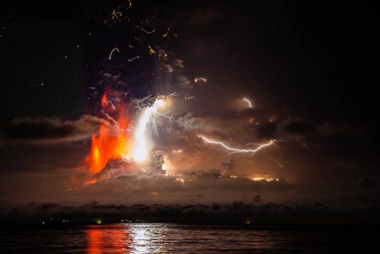nature, Landscape, Photography, Calbuco Volcano, Eruption, Lightning, Smoke, Lava, Sea, Night, Chile HD Wallpaper Desktop Background