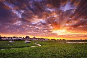 nature, Landscape, Photography, Sun Rays, Town, Sunset, Sky, Clouds, Boat, Colorful, UK