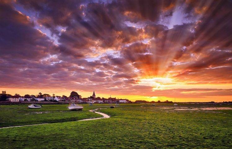 nature, Landscape, Photography, Sun Rays, Town, Sunset, Sky, Clouds, Boat, Colorful, UK HD Wallpaper Desktop Background