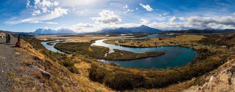 people, Photographer, Nature, Landscape, Photography, Panoramas, River, Mountains, Clouds, Village, Shrubs, Patagonia, Chile HD Wallpaper Desktop Background