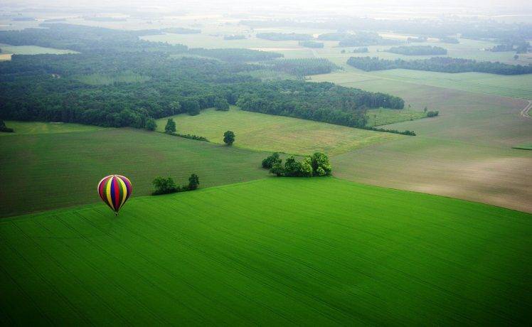 field, Trees, Landscape, Hot Air Balloons, Top View HD Wallpaper Desktop Background