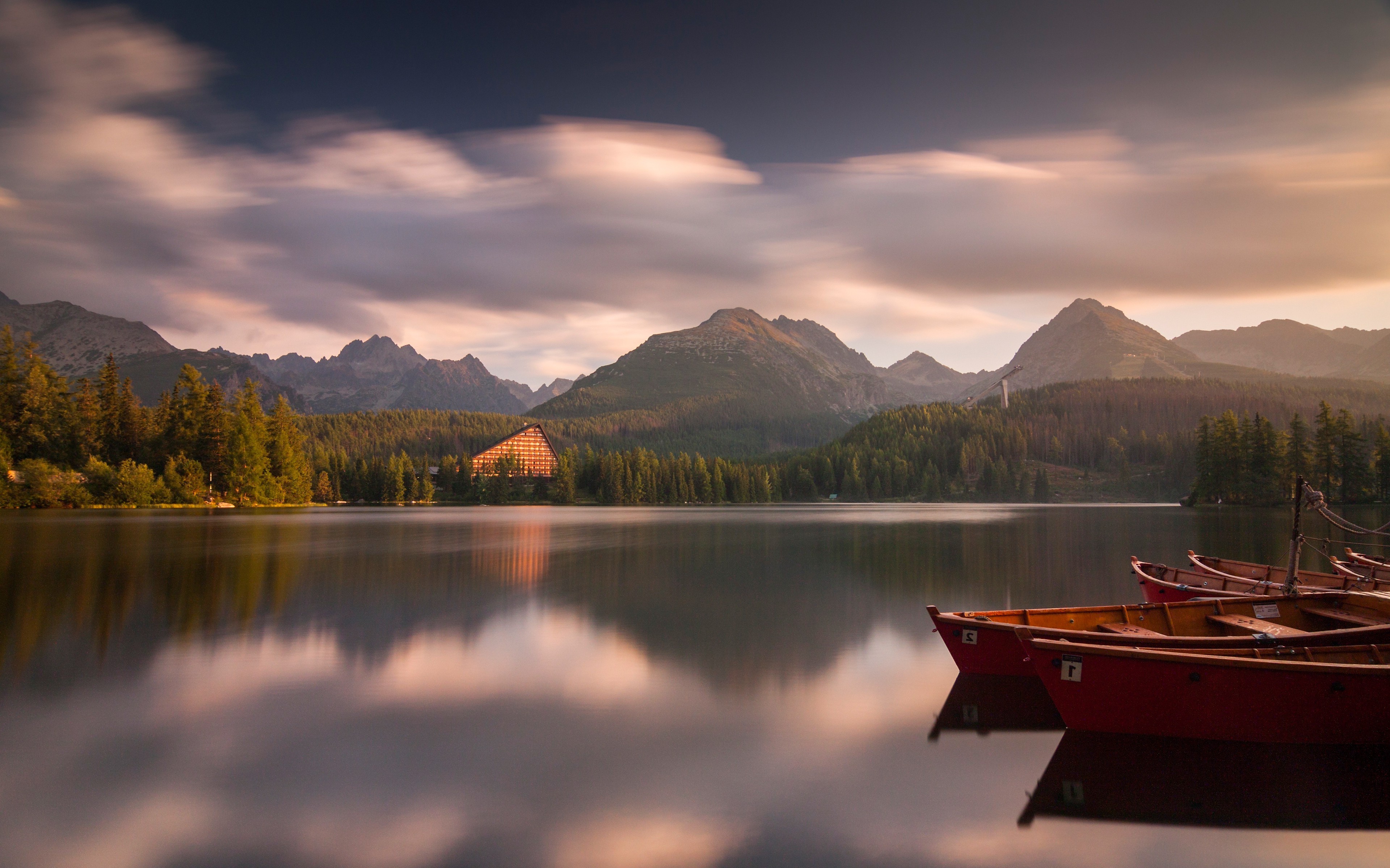 landscape, Mountains, Boat, Trees, Lake, Clouds, House, Sky, Nature, Reflections Wallpaper