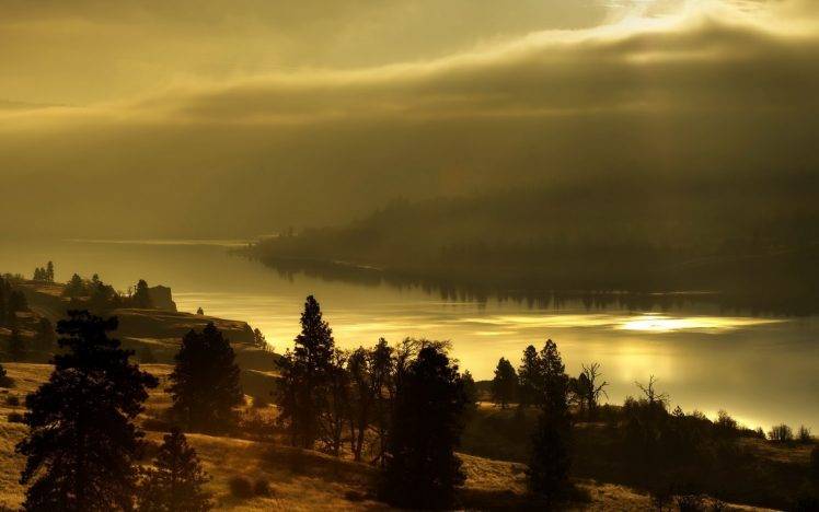 landscape, Clouds, Trees, Sunset, River, Mist, Nature, Rocks HD Wallpaper Desktop Background
