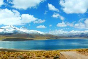 nature, Landscape, Photography, Panoramas, Lake, Mountains, Clouds, Snowy Peak, Dirt Road, Shrubs, Atacama Desert, Chile