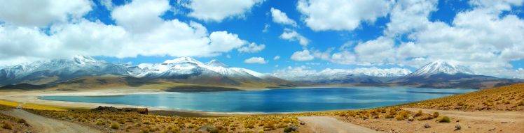 nature, Landscape, Photography, Panoramas, Lake, Mountains, Clouds, Snowy Peak, Dirt Road, Shrubs, Atacama Desert, Chile HD Wallpaper Desktop Background