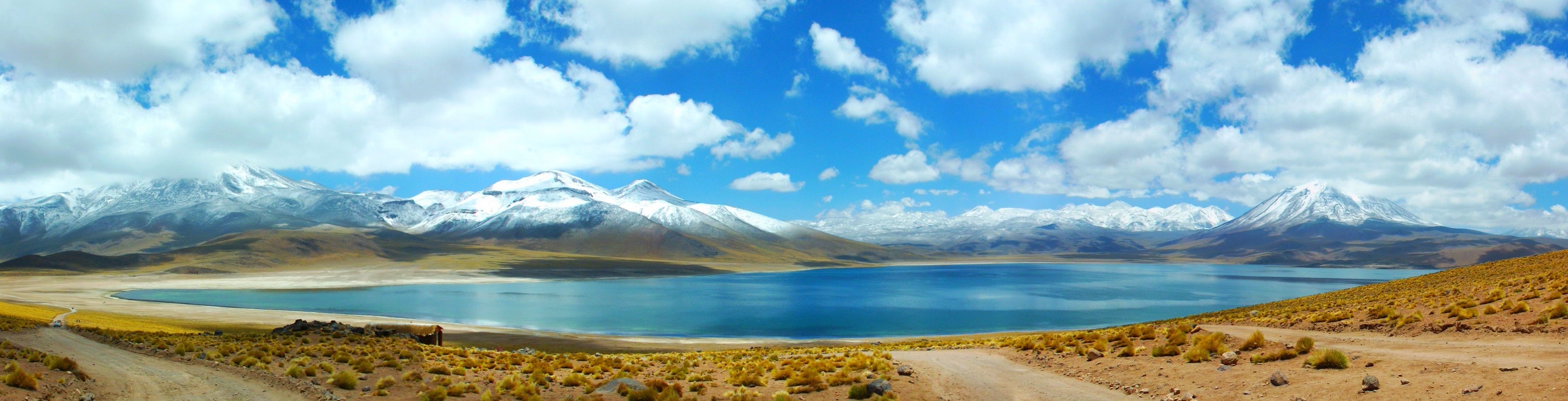 nature, Landscape, Photography, Panoramas, Lake, Mountains, Clouds, Snowy Peak, Dirt Road, Shrubs, Atacama Desert, Chile Wallpaper