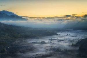 photography, Landscape, Nature, Mist, Valley, Village, Mountains, Morning, Sunlight, Trees, Indonesia