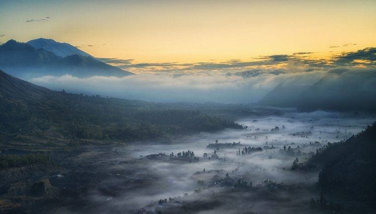 photography, Landscape, Nature, Mist, Valley, Village, Mountains, Morning, Sunlight, Trees, Indonesia HD Wallpaper Desktop Background