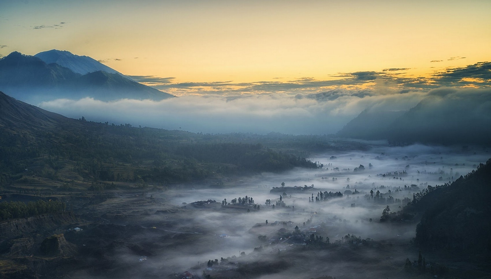 photography, Landscape, Nature, Mist, Valley, Village, Mountains, Morning, Sunlight, Trees, Indonesia Wallpaper