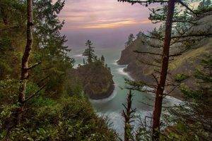 photography, Landscape, Nature, Coves, Sea, Coast, Hills, Clouds, Forest, Rocks, Sunset, Oregon